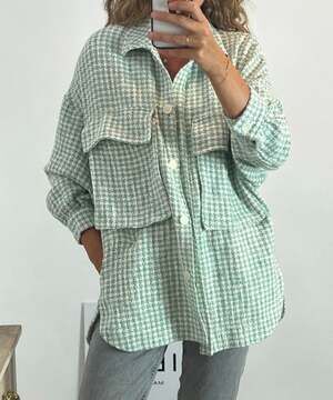 Zara Green and White Houndstooth Tweed Shacket Shirt Jacket